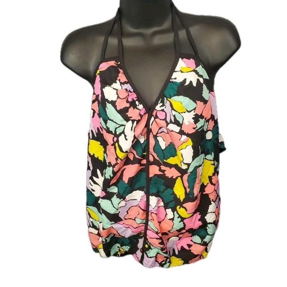 ROXY Lightweight Abstract Floral Halter Top‎ Summer Tank Top Open Back